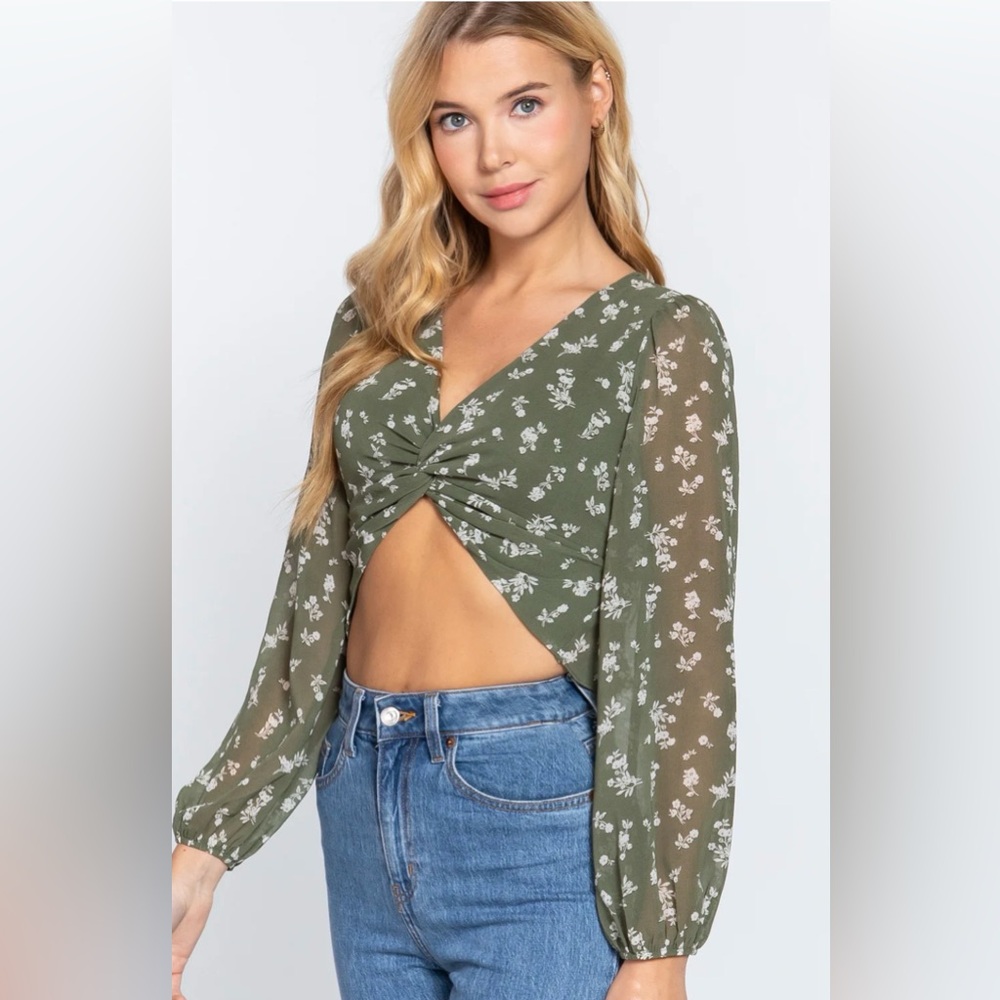 Active USA Evita Top Floral Green Long Sleeve Crop Top